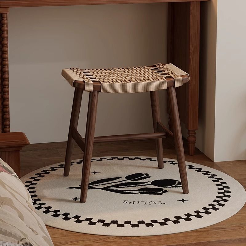 Taburete de tocador tradicional rústico rectangular de papel kraft con cuerda de madera maciza sin respaldo ni apoyabrazos para dormitorio