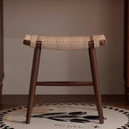 Taburete de tocador tradicional rústico rectangular de papel kraft con cuerda de madera maciza sin respaldo ni apoyabrazos para dormitorio