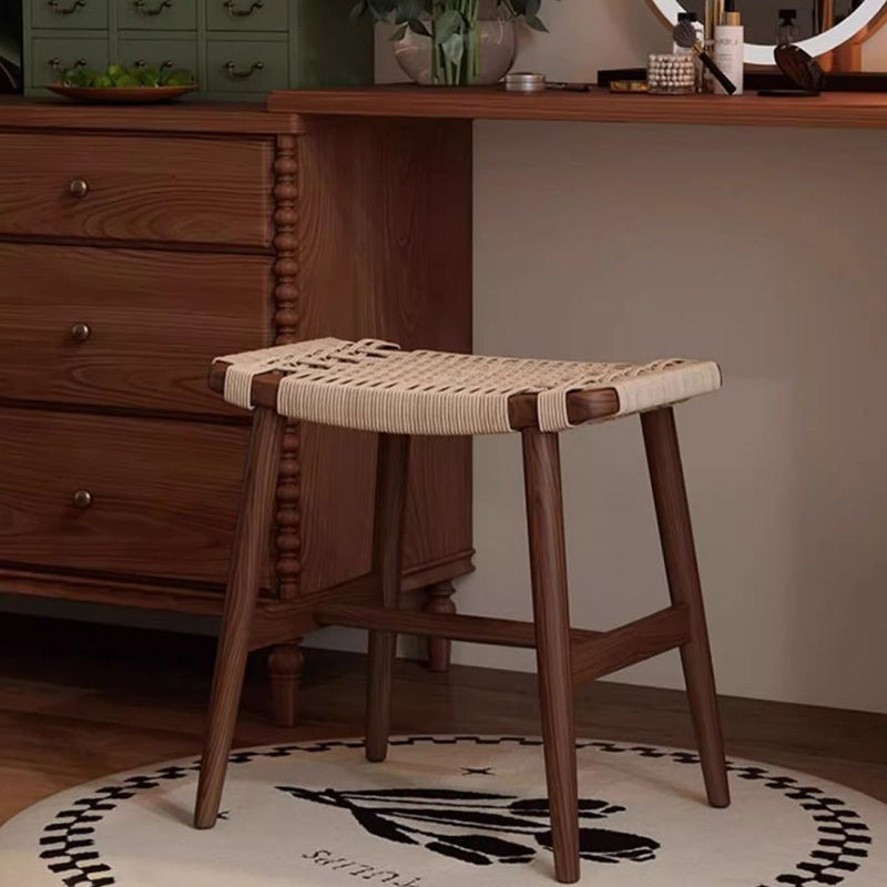 Taburete de tocador tradicional rústico rectangular de papel kraft con cuerda de madera maciza sin respaldo ni apoyabrazos para dormitorio