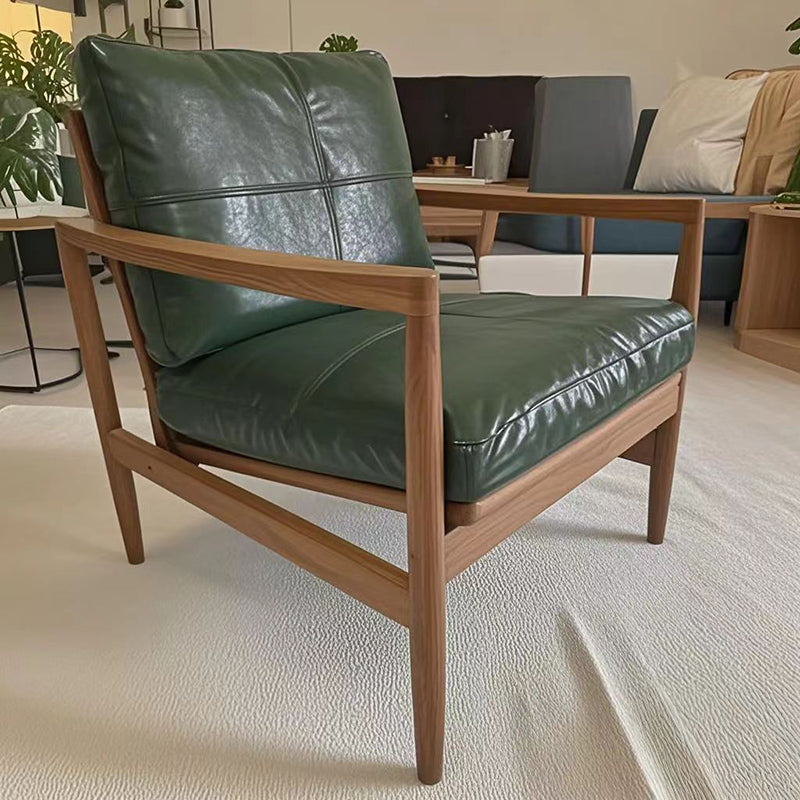 Traditional Vintage Rectangular Oil-Waxed Leather Solid Wood Accent Chair Backrest Armrest For Living Room