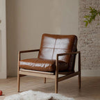Traditional Vintage Rectangular Oil-Waxed Leather Solid Wood Accent Chair Backrest Armrest For Living Room