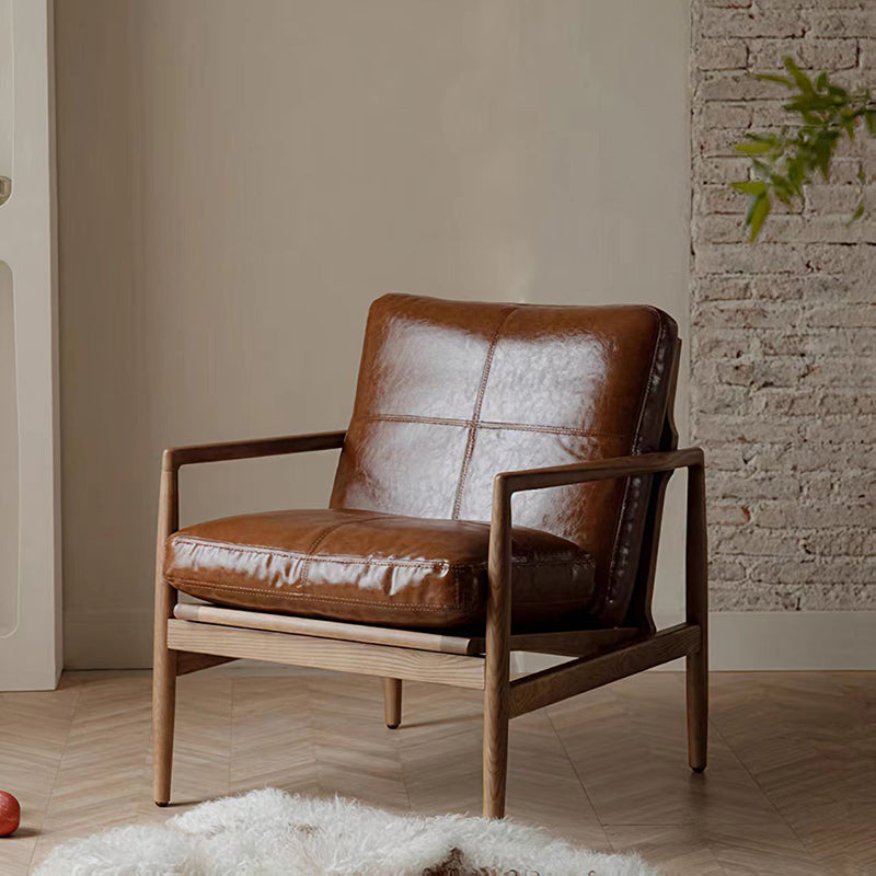Traditional Vintage Rectangular Oil-Waxed Leather Solid Wood Accent Chair Backrest Armrest For Living Room