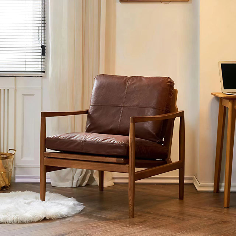 Traditional Vintage Rectangular Oil-Waxed Leather Solid Wood Accent Chair Backrest Armrest For Living Room