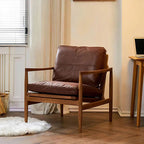 Traditional Vintage Rectangular Oil-Waxed Leather Solid Wood Accent Chair Backrest Armrest For Living Room