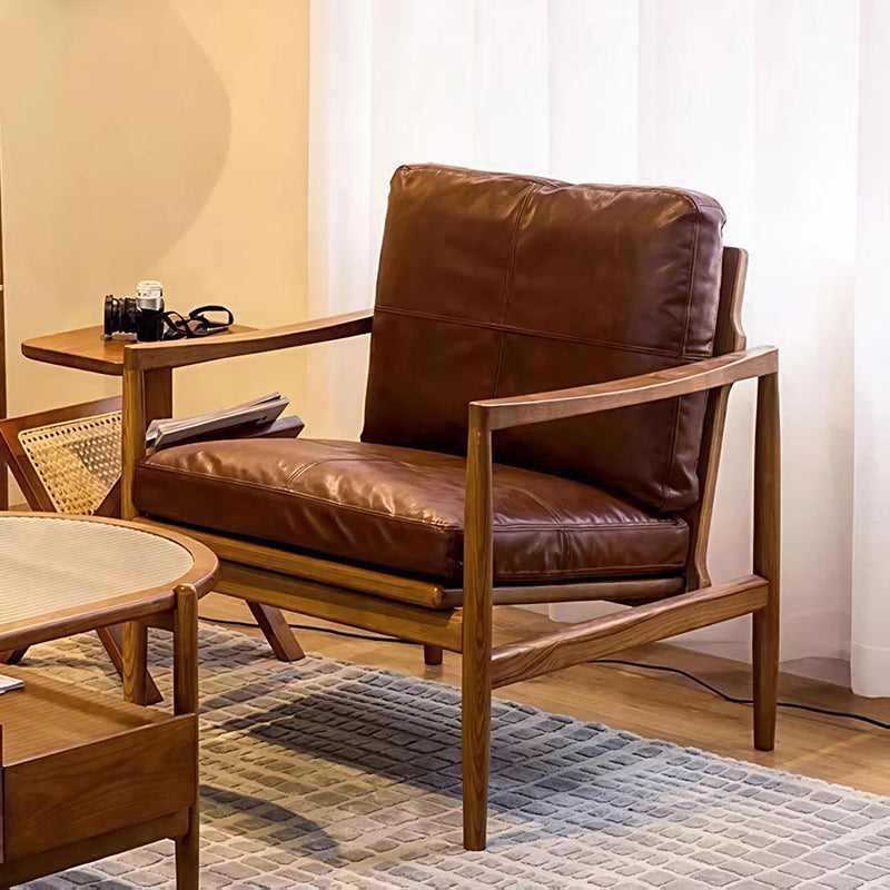 Sillón Tradicional Vintage Rectangular de Cuero Encerado al Óleo y Madera Maciza con Respaldo y Apoyabrazos para Sala de Estar