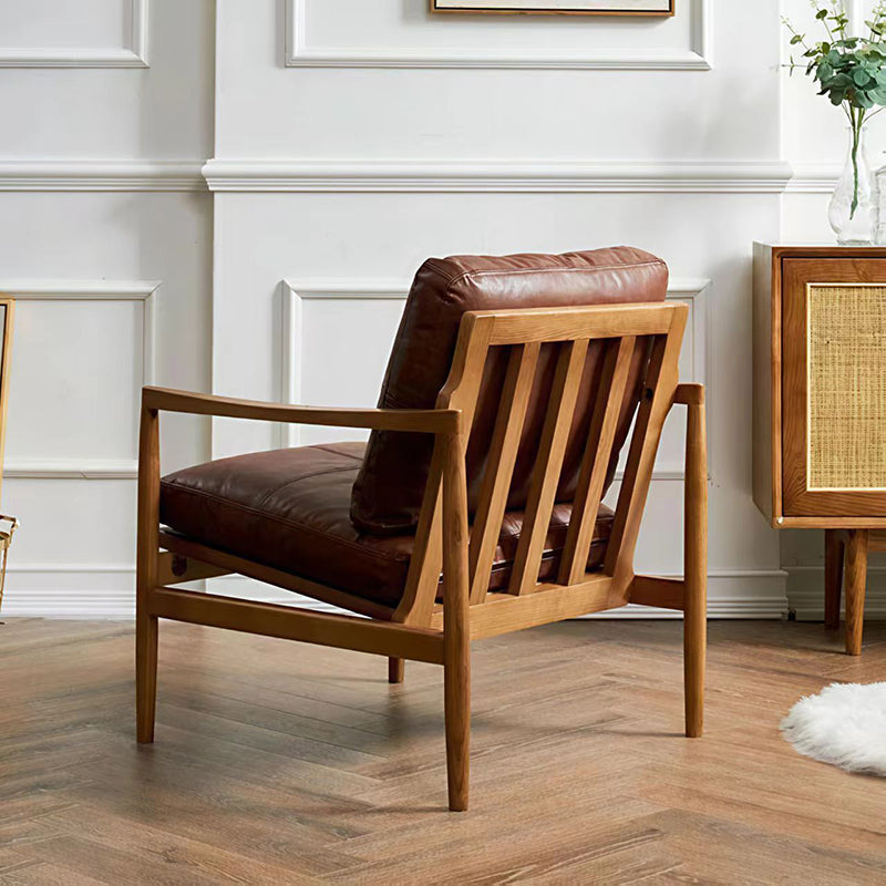Traditional Vintage Rectangular Oil-Waxed Leather Solid Wood Accent Chair Backrest Armrest For Living Room