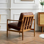 Traditional Vintage Rectangular Oil-Waxed Leather Solid Wood Accent Chair Backrest Armrest For Living Room