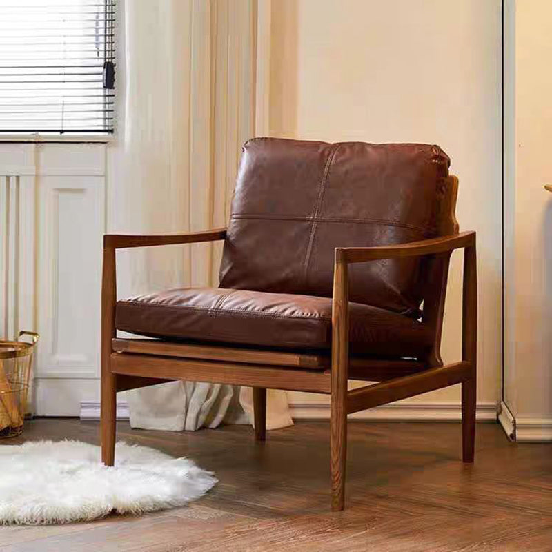 Traditional Vintage Rectangular Oil-Waxed Leather Solid Wood Accent Chair Backrest Armrest For Living Room