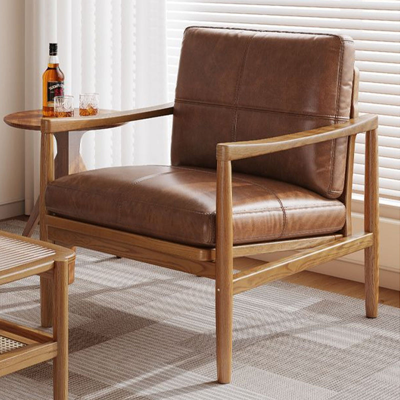 Traditional Vintage Rectangular Oil-Waxed Leather Solid Wood Accent Chair Backrest Armrest For Living Room