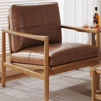 Traditional Vintage Rectangular Oil-Waxed Leather Solid Wood Accent Chair Backrest Armrest For Living Room