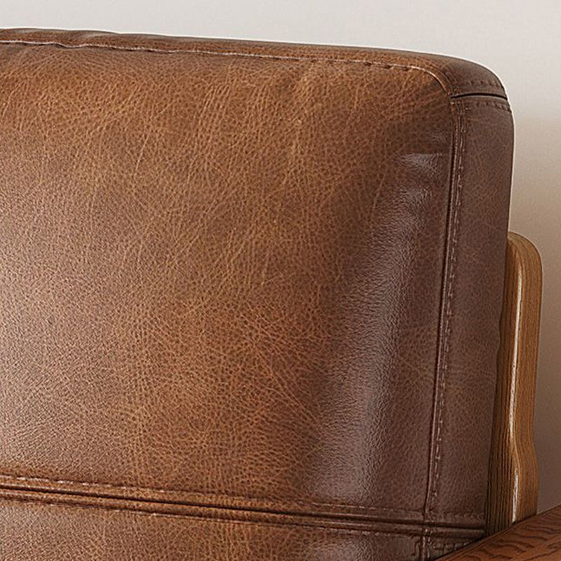 Traditional Vintage Rectangular Oil-Waxed Leather Solid Wood Accent Chair Backrest Armrest For Living Room