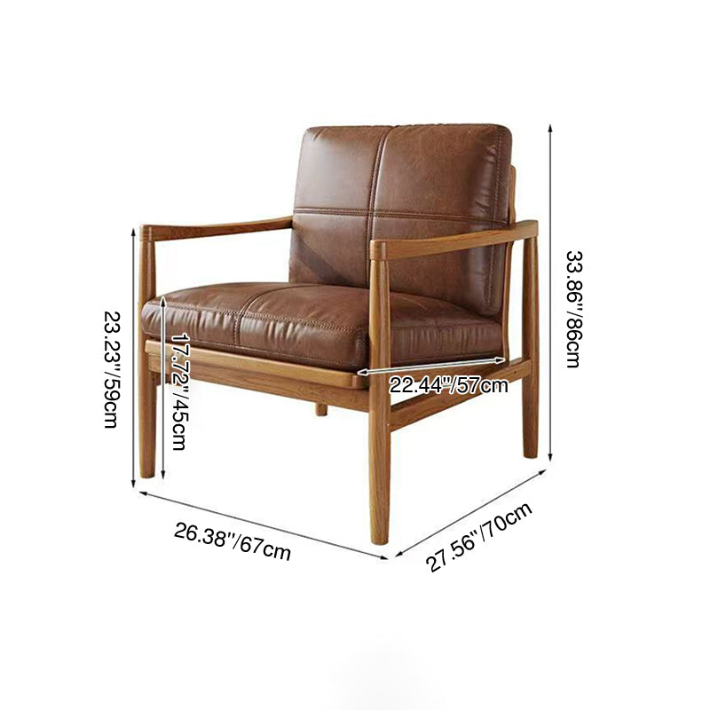 Traditional Vintage Rectangular Oil-Waxed Leather Solid Wood Accent Chair Backrest Armrest For Living Room