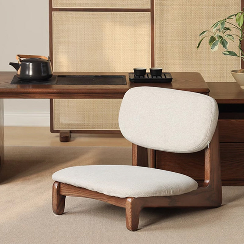 Traditional Japanese Rectangular Solid Wood Stool with Cotton-Linen Upholstery, Low-Profile Backless Design for Living Room