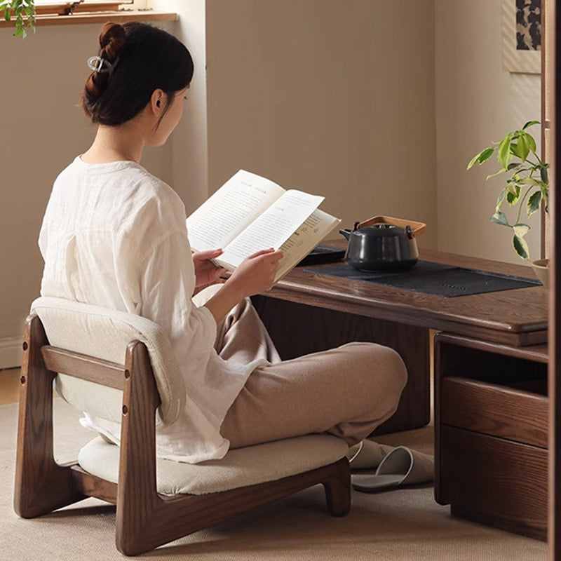 Traditional Japanese Rectangular Solid Wood Stool with Cotton-Linen Upholstery, Low-Profile Backless Design for Living Room