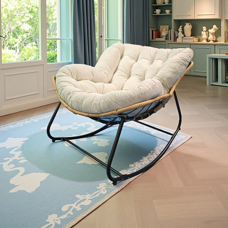 Modern Minimalist Curved Bird's Nest Rocking Chair — Armless, Linen-Blend Fabric, Carbon Steel Frame with PE Rattan Backrest, Perfect for Living Room