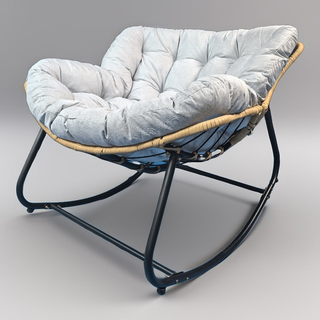 Modern Minimalist Curved Bird's Nest Rocking Chair — Armless, Linen-Blend Fabric, Carbon Steel Frame with PE Rattan Backrest, Perfect for Living Room