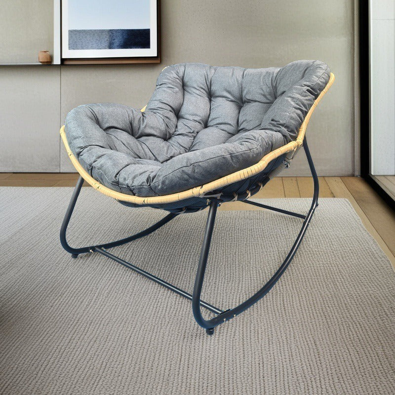 Modern Minimalist Curved Bird's Nest Rocking Chair — Armless, Linen-Blend Fabric, Carbon Steel Frame with PE Rattan Backrest, Perfect for Living Room