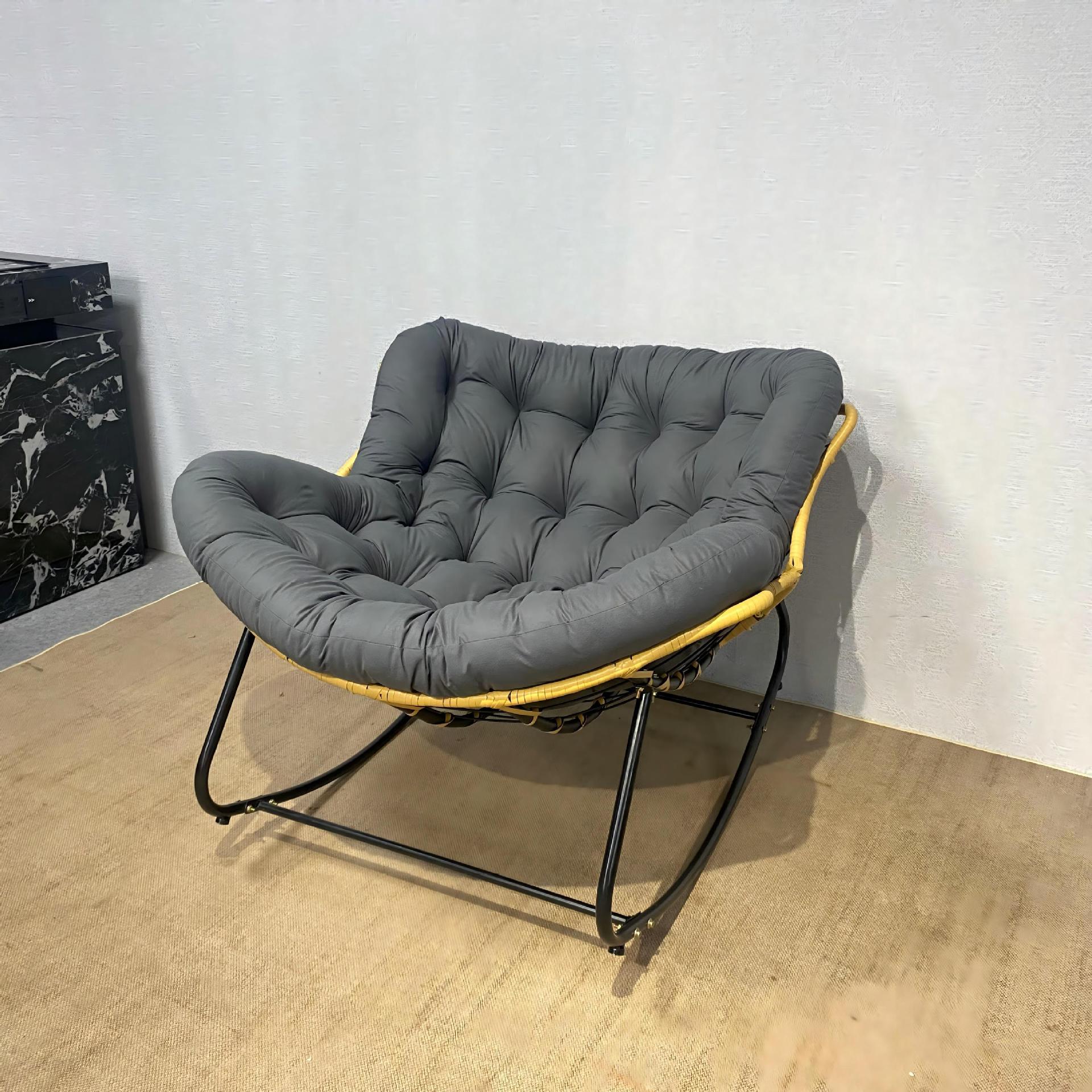 Modern Minimalist Curved Bird's Nest Rocking Chair — Armless, Linen-Blend Fabric, Carbon Steel Frame with PE Rattan Backrest, Perfect for Living Room
