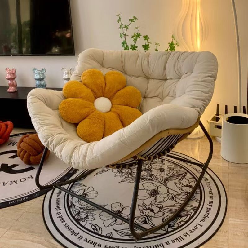 Sillón Mecedora Curvo Nido de Pájaro Moderno Minimalista — Sin Brazos, Tela de Mezcla de Lino, Estructura de Acero al Carbono con Respaldo de Ratán PE, Perfecto para Sala de Estar
