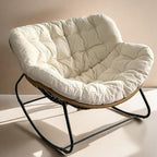 Sillón Mecedora Curvo Nido de Pájaro Moderno Minimalista — Sin Brazos, Tela de Mezcla de Lino, Estructura de Acero al Carbono con Respaldo de Ratán PE, Perfecto para Sala de Estar