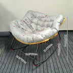 Sillón Mecedora Curvo Nido de Pájaro Moderno Minimalista — Sin Brazos, Tela de Mezcla de Lino, Estructura de Acero al Carbono con Respaldo de Ratán PE, Perfecto para Sala de Estar