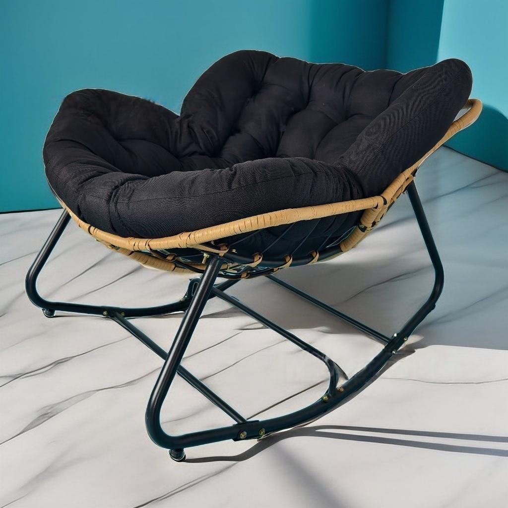 Modern Minimalist Curved Bird's Nest Rocking Chair — Armless, Linen-Blend Fabric, Carbon Steel Frame with PE Rattan Backrest, Perfect for Living Room