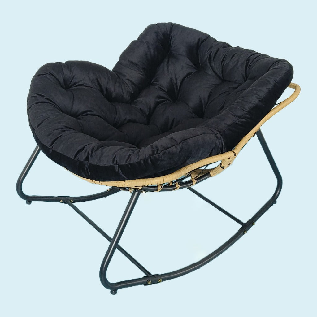 Modern Minimalist Curved Bird's Nest Rocking Chair — Armless, Linen-Blend Fabric, Carbon Steel Frame with PE Rattan Backrest, Perfect for Living Room
