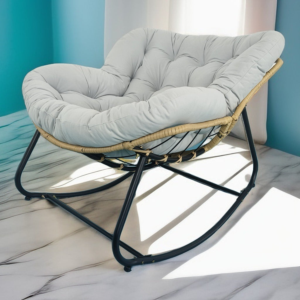Modern Minimalist Curved Bird's Nest Rocking Chair — Armless, Linen-Blend Fabric, Carbon Steel Frame with PE Rattan Backrest, Perfect for Living Room