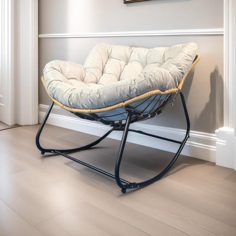 Modern Minimalist Curved Bird's Nest Rocking Chair — Armless, Linen-Blend Fabric, Carbon Steel Frame with PE Rattan Backrest, Perfect for Living Room