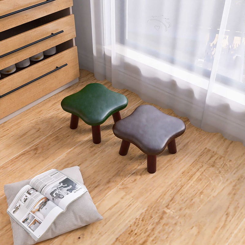 Contemporary Four-Leaf Clover Stool for Kids — Solid Wood with Faux Oil-Waxed Leather, Low, Backless and Armless Living Room Accent