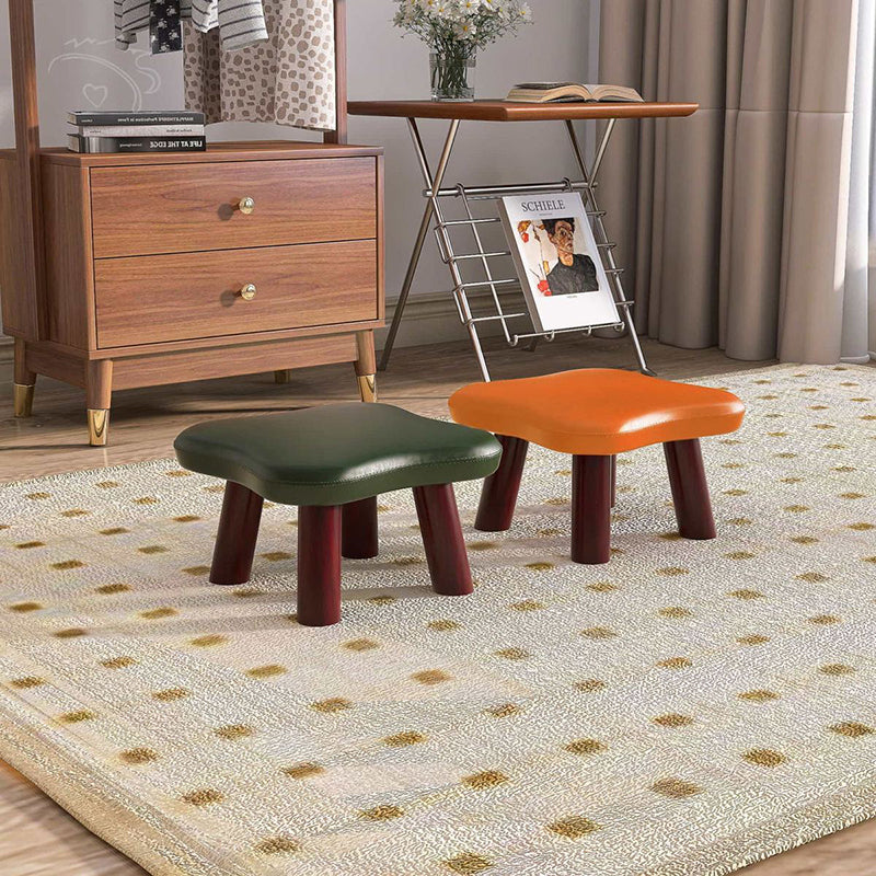 Contemporary Four-Leaf Clover Stool for Kids — Solid Wood with Faux Oil-Waxed Leather, Low, Backless and Armless Living Room Accent