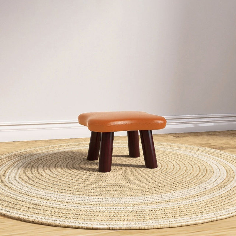 Contemporary Four-Leaf Clover Stool for Kids — Solid Wood with Faux Oil-Waxed Leather, Low, Backless and Armless Living Room Accent