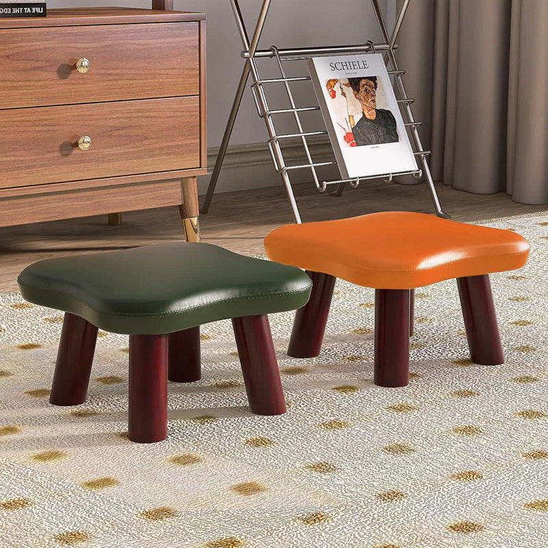 Contemporary Four-Leaf Clover Stool for Kids — Solid Wood with Faux Oil-Waxed Leather, Low, Backless and Armless Living Room Accent