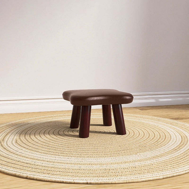 Contemporary Four-Leaf Clover Stool for Kids — Solid Wood with Faux Oil-Waxed Leather, Low, Backless and Armless Living Room Accent