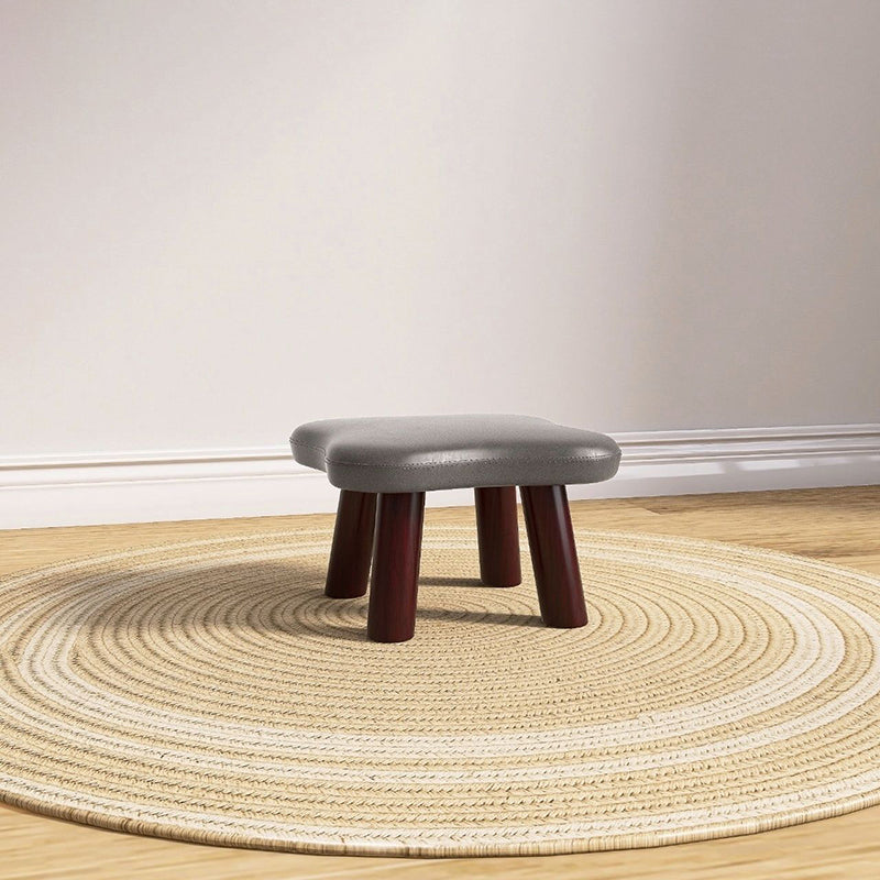 Contemporary Four-Leaf Clover Stool for Kids — Solid Wood with Faux Oil-Waxed Leather, Low, Backless and Armless Living Room Accent