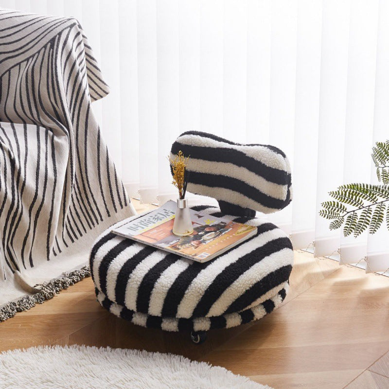Modern Round Sherpa Fabric Swivel Stool with Iron Frame – Low-Profile, Armless with Backrest, Mobile for Living Room