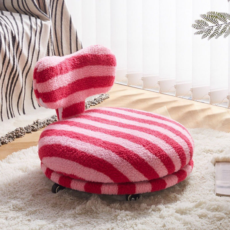 Modern Round Sherpa Fabric Swivel Stool with Iron Frame – Low-Profile, Armless with Backrest, Mobile for Living Room