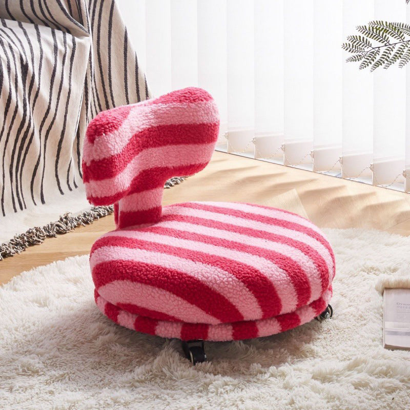 Modern Round Sherpa Fabric Swivel Stool with Iron Frame – Low-Profile, Armless with Backrest, Mobile for Living Room