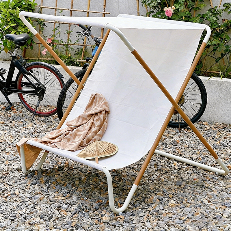 Modern Minimalist Rectangular Folding Recliner with Curved Sunbrella Textilene Jacquard Fabric and Waterproof Alloy Steel Backrest for Outdoor Use