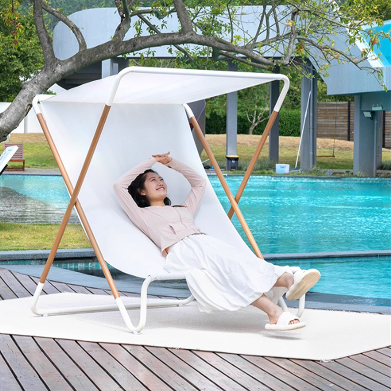 Modern Minimalist Rectangular Folding Recliner with Curved Sunbrella Textilene Jacquard Fabric and Waterproof Alloy Steel Backrest for Outdoor Use