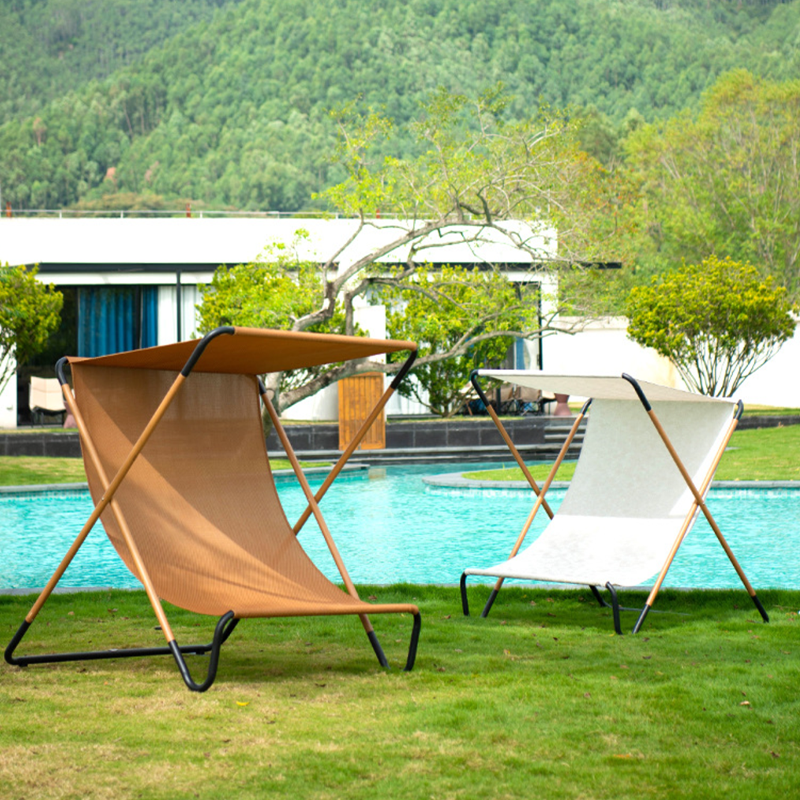 Modern Minimalist Rectangular Folding Recliner with Curved Sunbrella Textilene Jacquard Fabric and Waterproof Alloy Steel Backrest for Outdoor Use