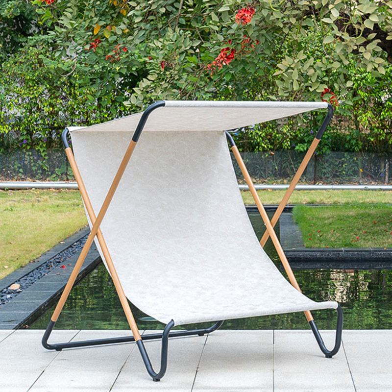 Modern Minimalist Rectangular Folding Recliner with Curved Sunbrella Textilene Jacquard Fabric and Waterproof Alloy Steel Backrest for Outdoor Use