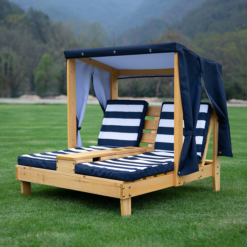 Contemporary Rectangular Kids Outdoor Recliner with Cedar Backrest and Polyester Fabric