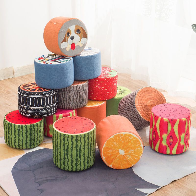 Fruit-Inspired Cylindrical Stool in Fabric & Solid Wood — Low Profile with Removable Cover for Bedroom or Living Room