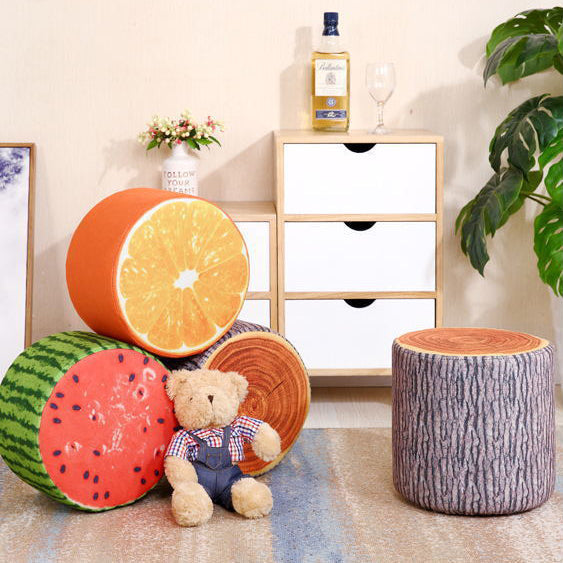 Fruit-Inspired Cylindrical Stool in Fabric & Solid Wood — Low Profile with Removable Cover for Bedroom or Living Room