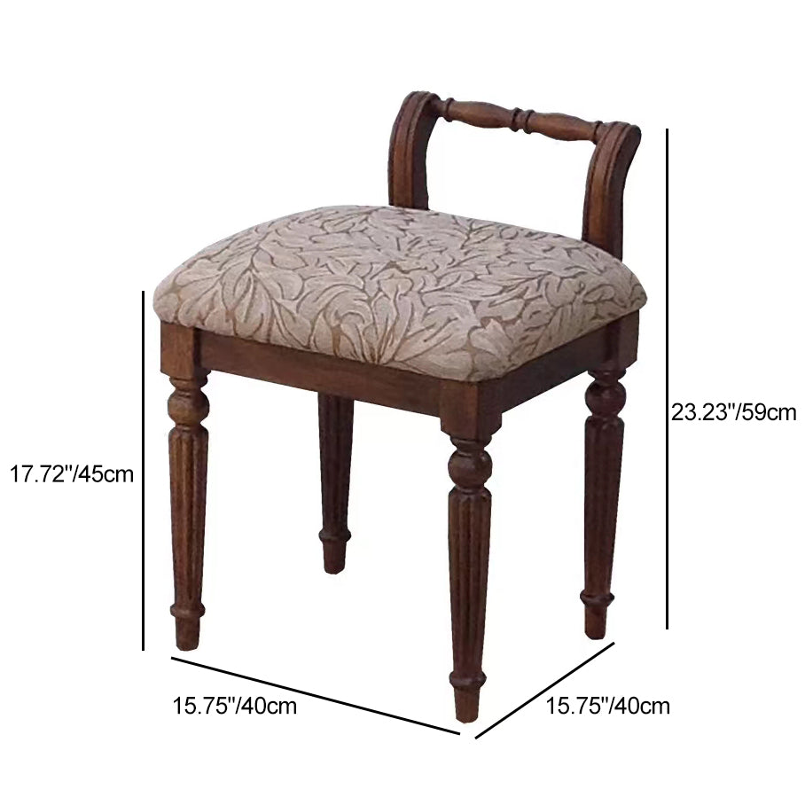 Taburete de tocador tradicional vintage de caucho y tela, cuadrado y acolchado, con tapicería estampada y respaldo bajo para dormitorio