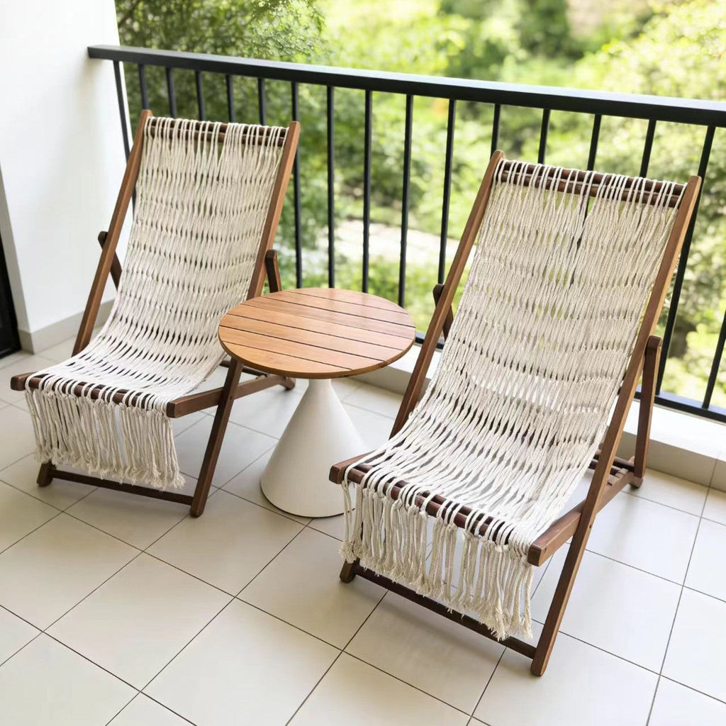 Modern Minimalist Merbau Wood Folding Lounge Chair with Oxford Fabric Cotton-Linen Blend, Rectangular Recliner, 3-Position Adjustable Backrest for Outdoor Garden