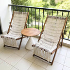 Modern Minimalist Merbau Wood Folding Lounge Chair with Oxford Fabric Cotton-Linen Blend, Rectangular Recliner, 3-Position Adjustable Backrest for Outdoor Garden