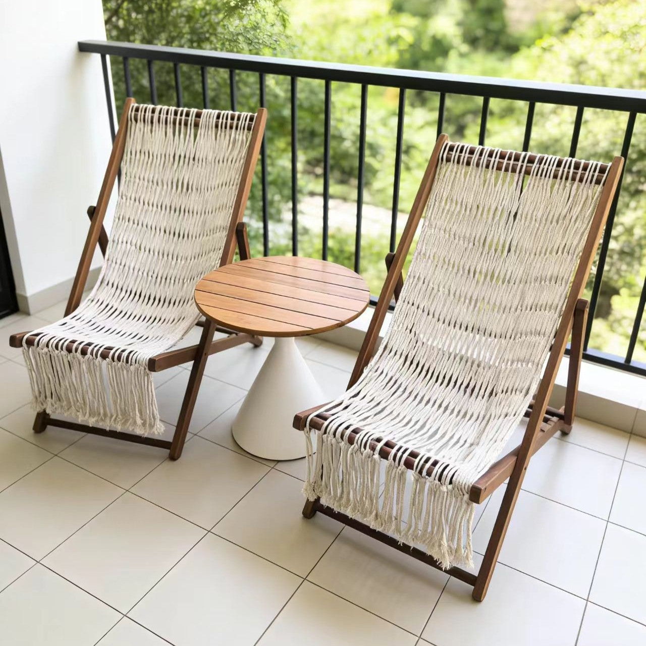 Modern Minimalist Merbau Wood Folding Lounge Chair with Oxford Fabric Cotton-Linen Blend, Rectangular Recliner, 3-Position Adjustable Backrest for Outdoor Garden