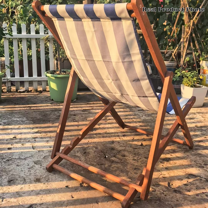 Modern Minimalist Merbau Wood Folding Lounge Chair with Oxford Fabric Cotton-Linen Blend, Rectangular Recliner, 3-Position Adjustable Backrest for Outdoor Garden